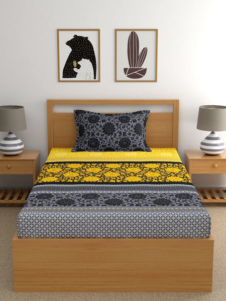 Dreamscape Yellow Ethnic Motifs Cotton 140 TC Fitted Single Bedsheet & 1 Pillow Cover