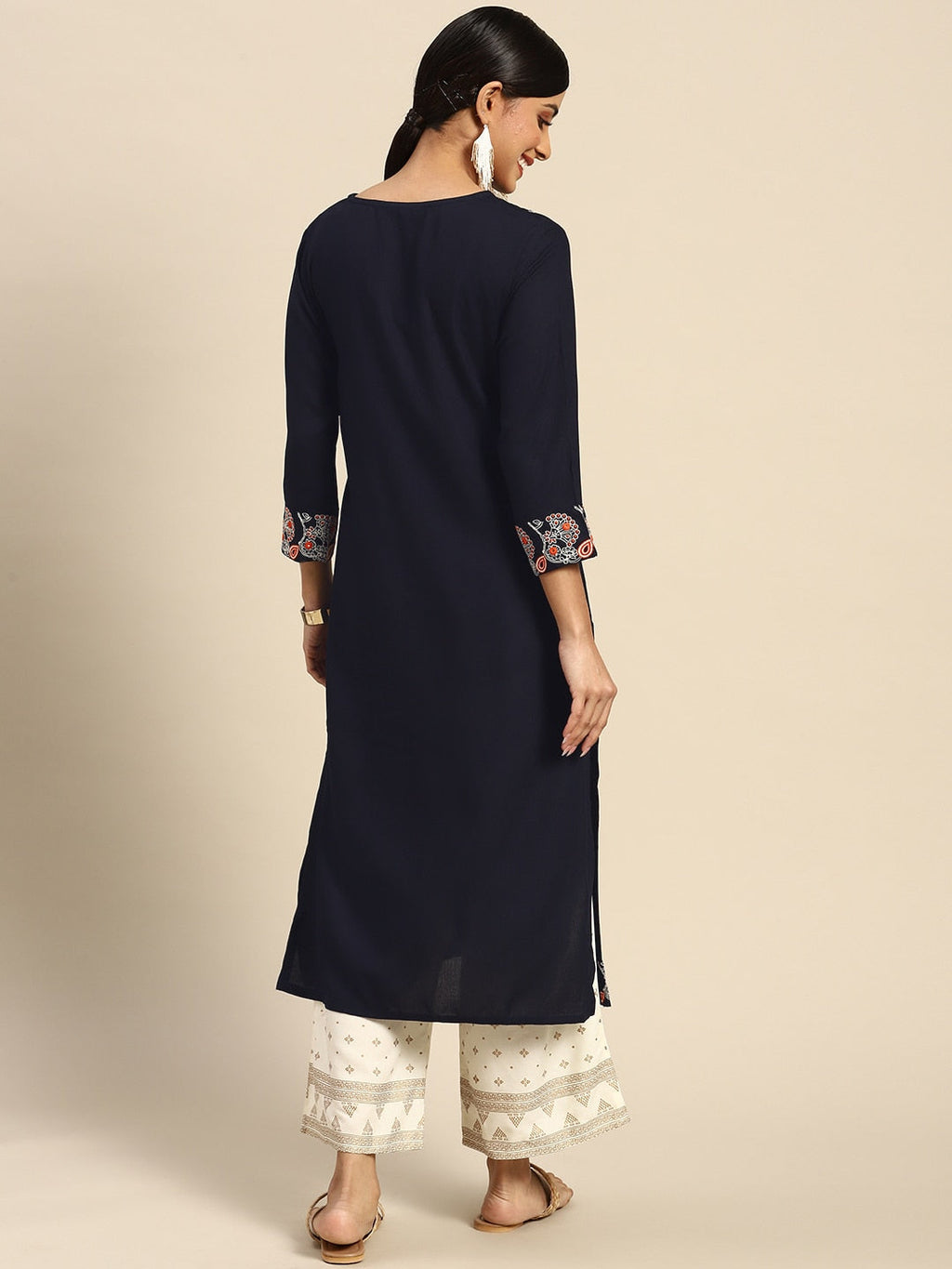 Sangria Women Navy Blue Ethnic Motifs Embroidered Kurta with Palazzos
