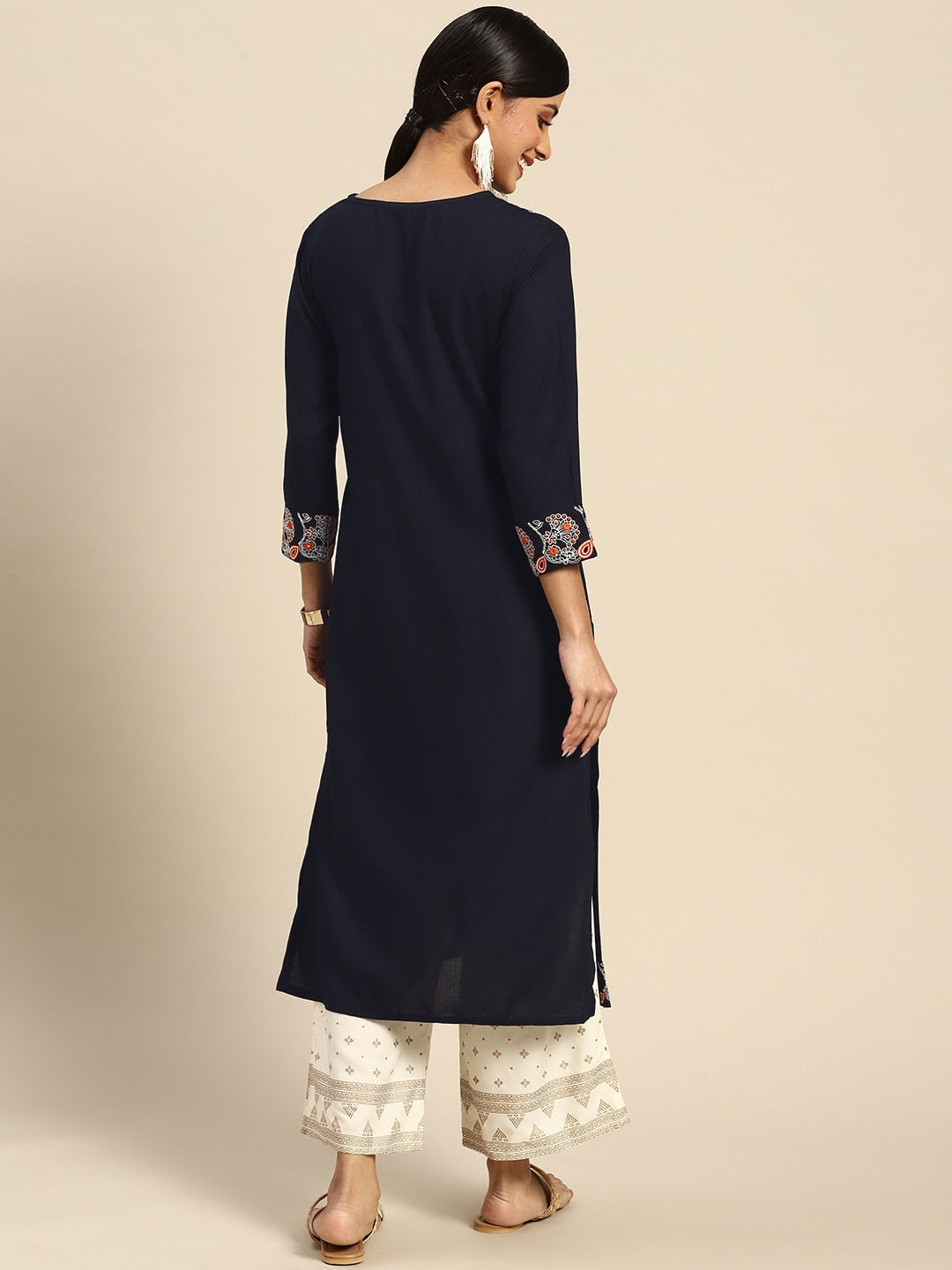 Sangria Women Navy Blue Ethnic Motifs Embroidered Kurta with Palazzos