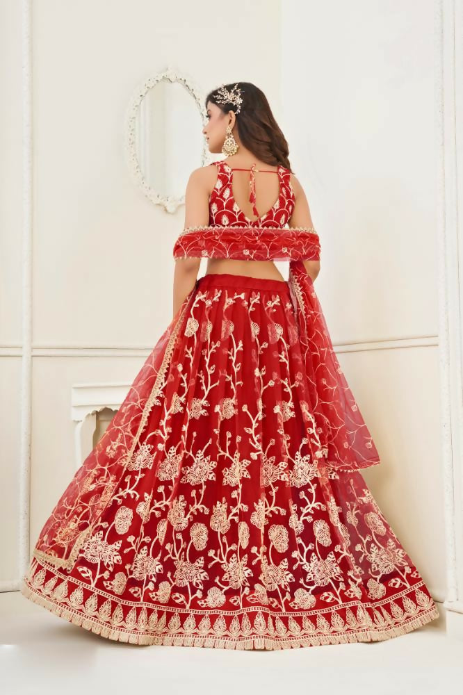 Aastha Fashion Red Butterfly Net White Cotton Thread Work And Sequence Work Embroidery Wedding Wear Lehenga Choli