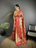Joban Fashion Golden-Orange Intricate Floral & Leaf Soft Silk Paithani Saree - Distacart