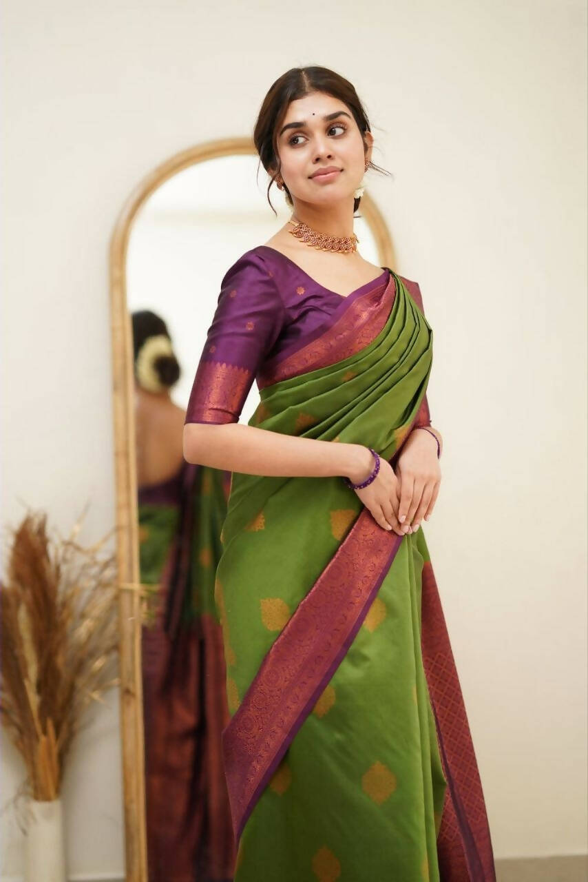 DEIANA'S Beautiful Designer Golden zari Soft Lichi Silk Saree - Mehndi