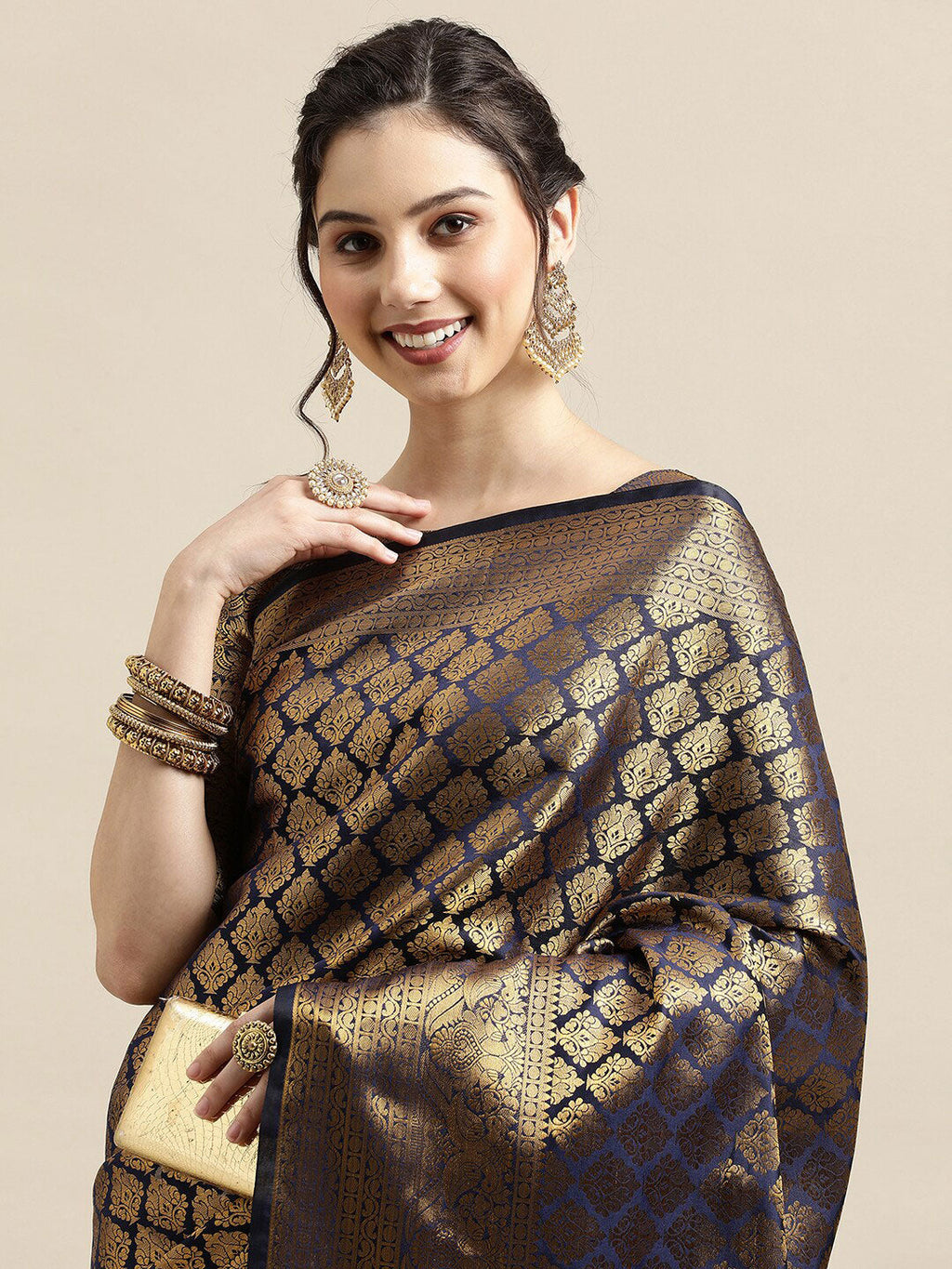 Saree Mall Navy Blue & Gold-Toned Ethnic Motifs Zari Silk Blend Banarasi Saree - Distacart