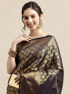 Saree Mall Navy Blue & Gold-Toned Ethnic Motifs Zari Silk Blend Banarasi Saree - Distacart