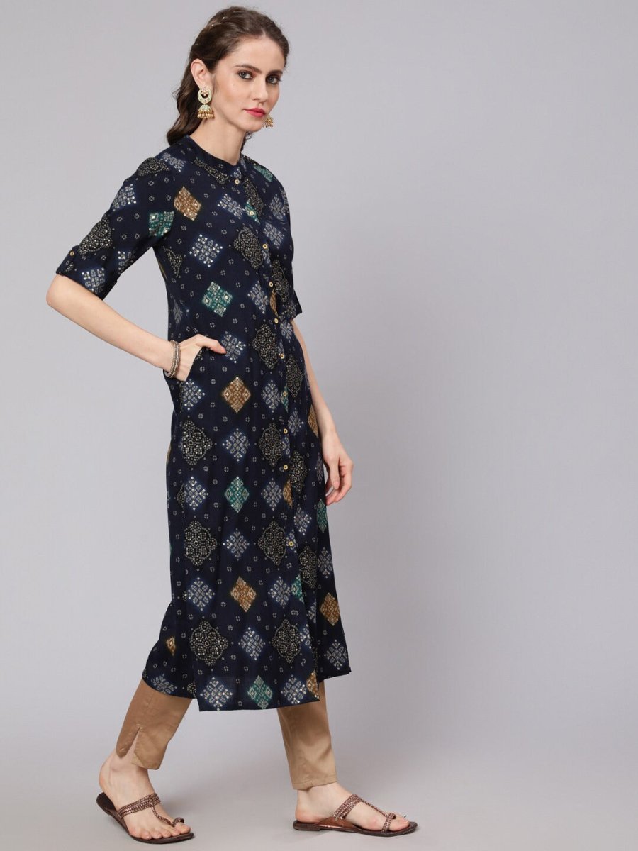 Aks Bandhani Printed Mandarin Collar Straight Kurta