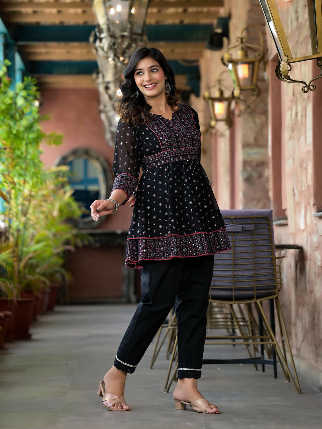 Juniper Women's Black Ethnic Motif Printed Georgette A Lined Tunic