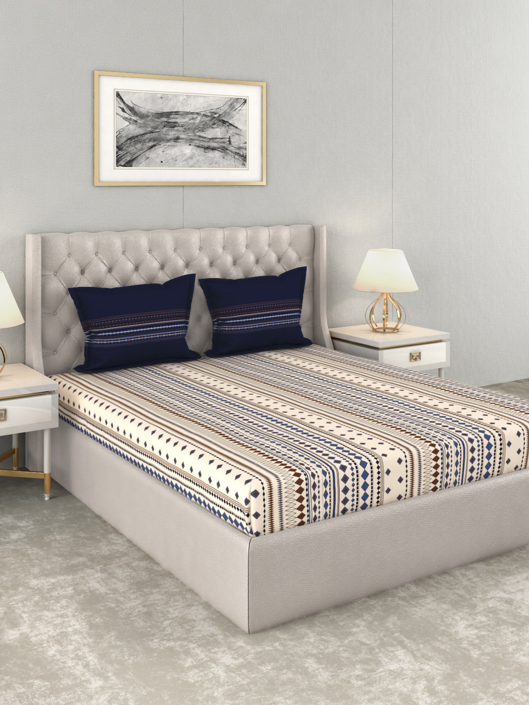 MYTRIDENT Multicoloured Blue Geometric 120 TC Cotton 1 Queen Bedsheet with 2 Pillow Covers