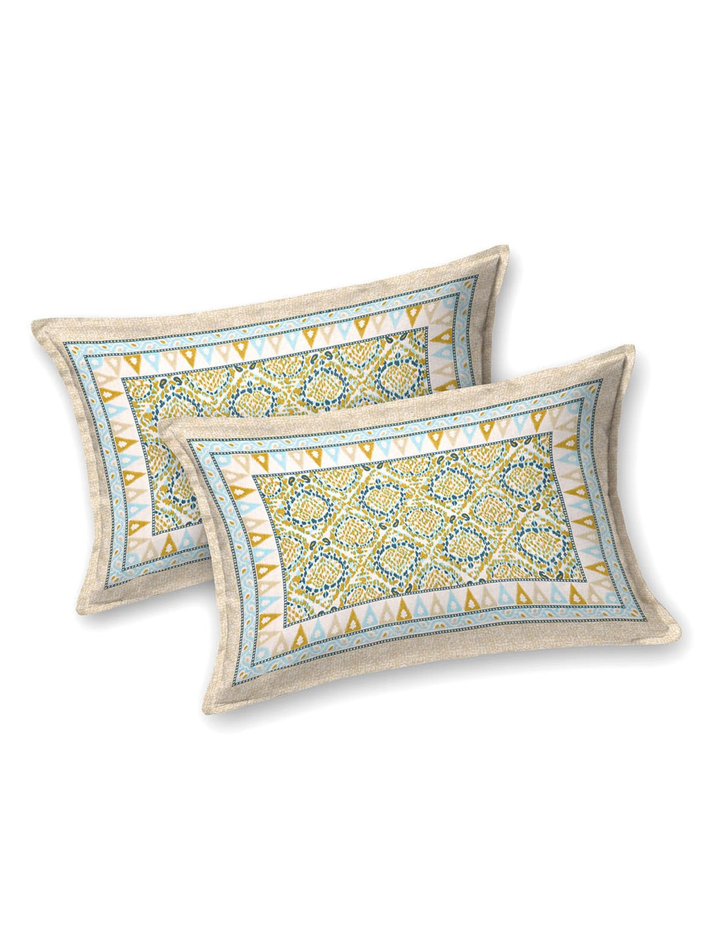 BELLA CASA Green & Blue Ethnic Motifs Cotton 180 TC King Bedsheet With 2 Pillow Covers