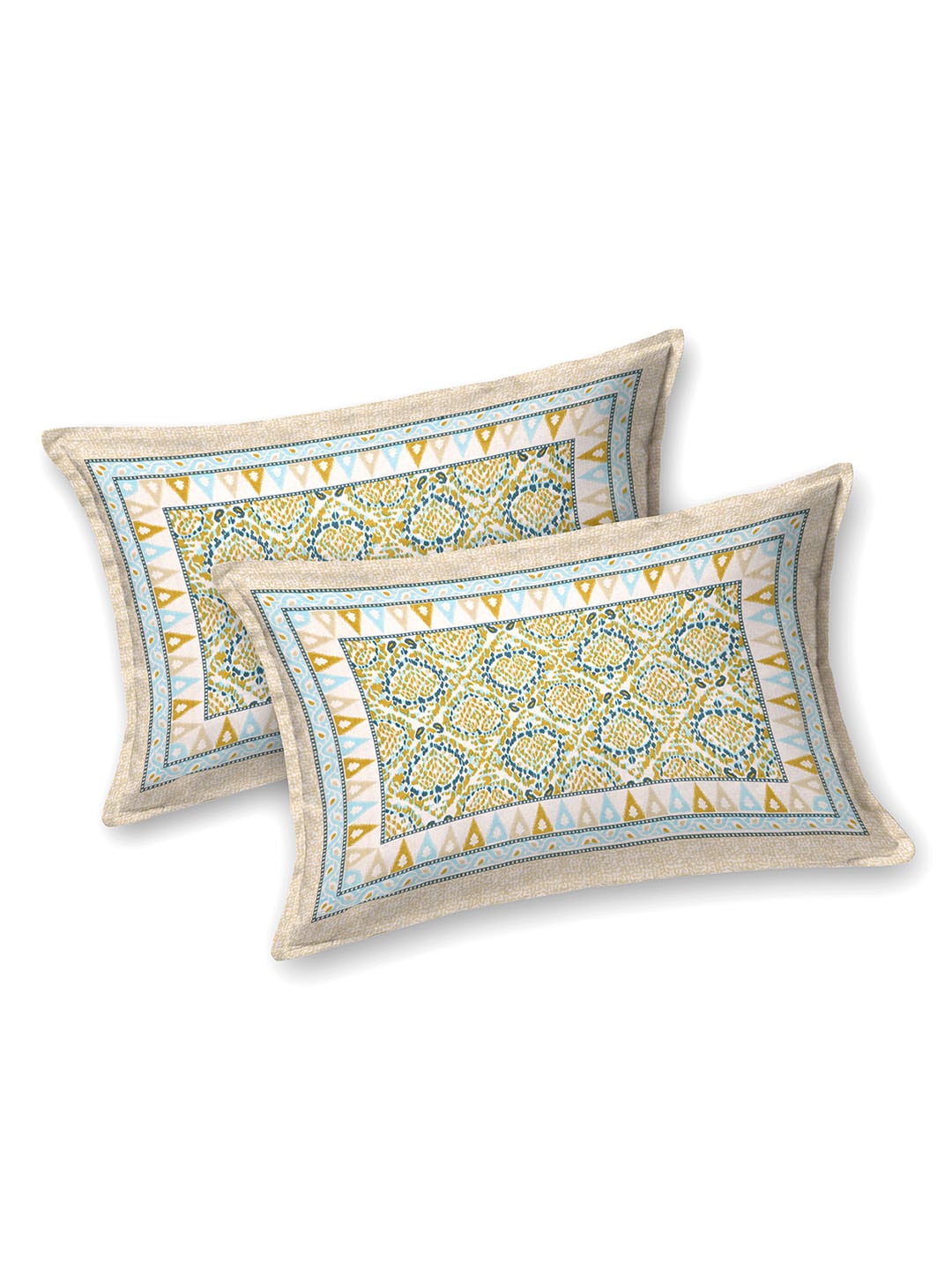 BELLA CASA Green & Blue Ethnic Motifs Cotton 180 TC King Bedsheet With 2 Pillow Covers