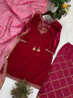 Vastranavya Pink Velvet Sequence Embroidery Work Kurta & Bottom With Dupatta - Distacart