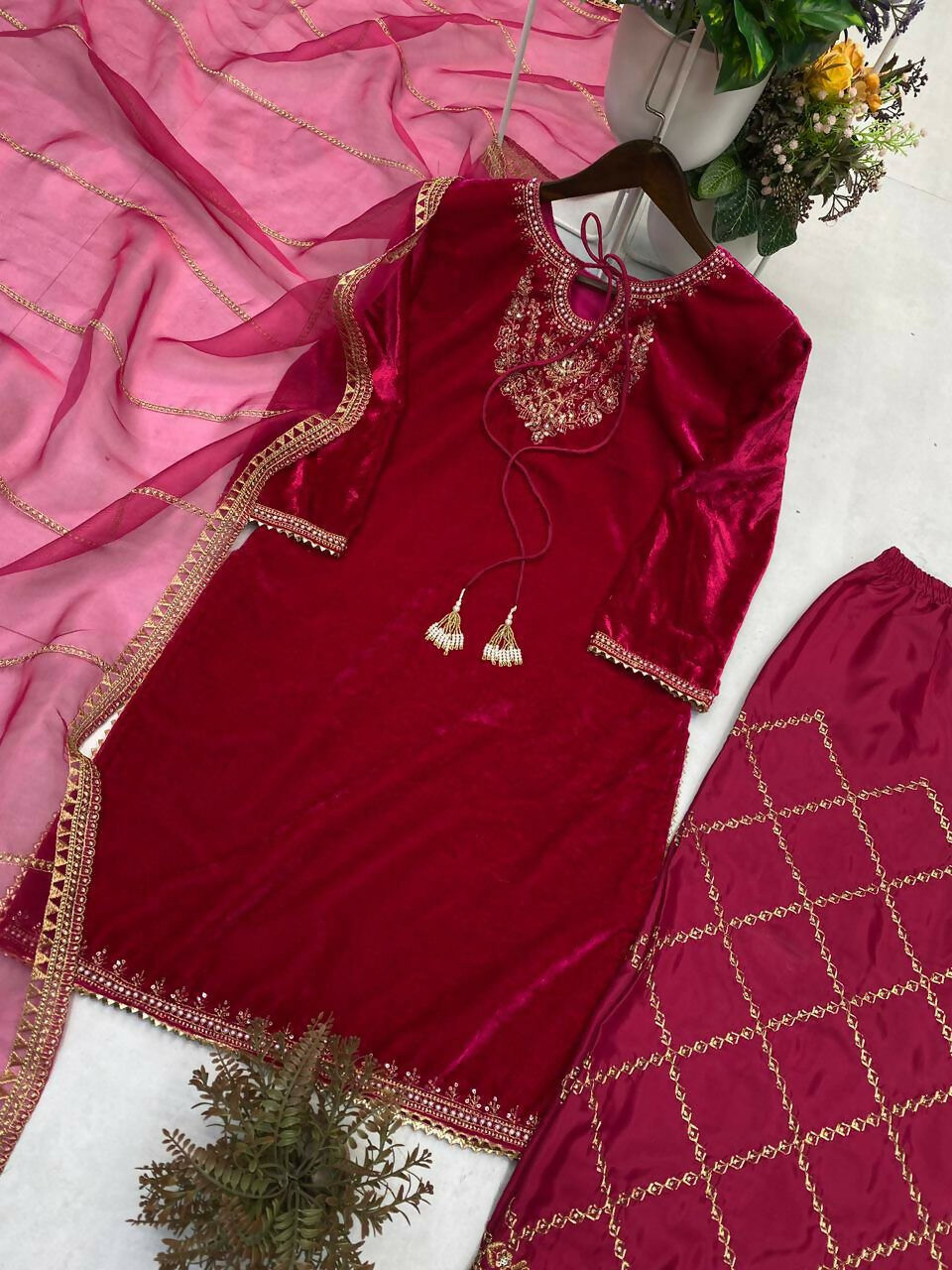 Vastranavya Pink Velvet Sequence Embroidery Work Kurta & Bottom With Dupatta - Distacart