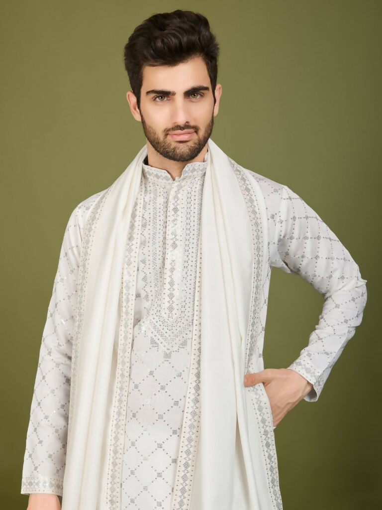 Vastranavya White Exclusive Festival Wear Viscose Silk Thread with Sequence Embroidered Work Kurta with Dupatta