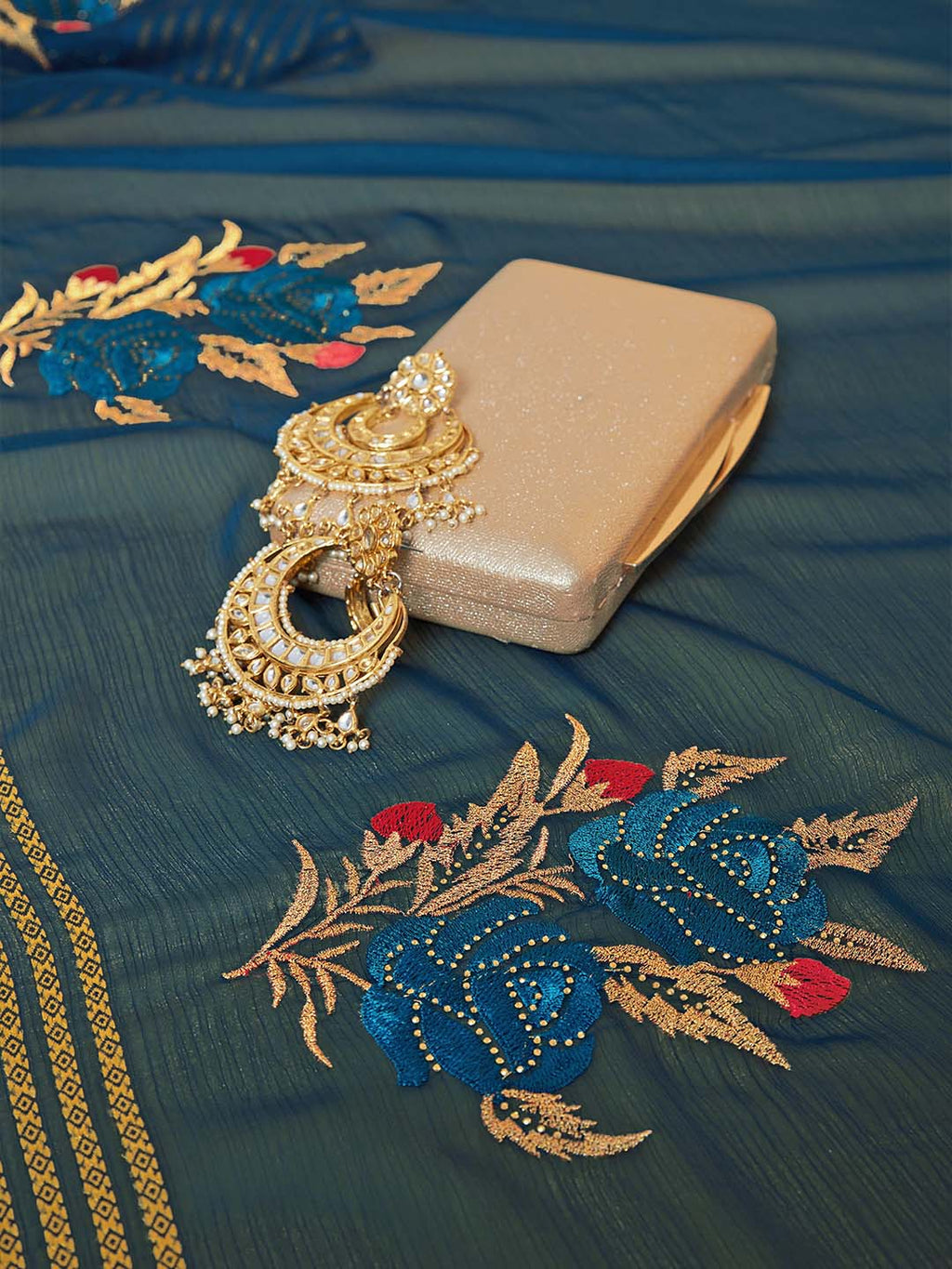 Sangria Green & Gold-Toned Embellished Pure Chiffon Saree - Distacart