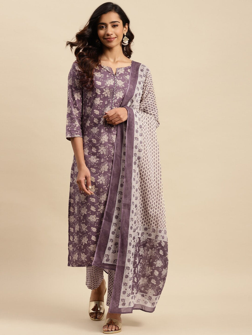 Sangria Maroon Floral Printed Pure Cotton Kurta With Trouser & Dupatta