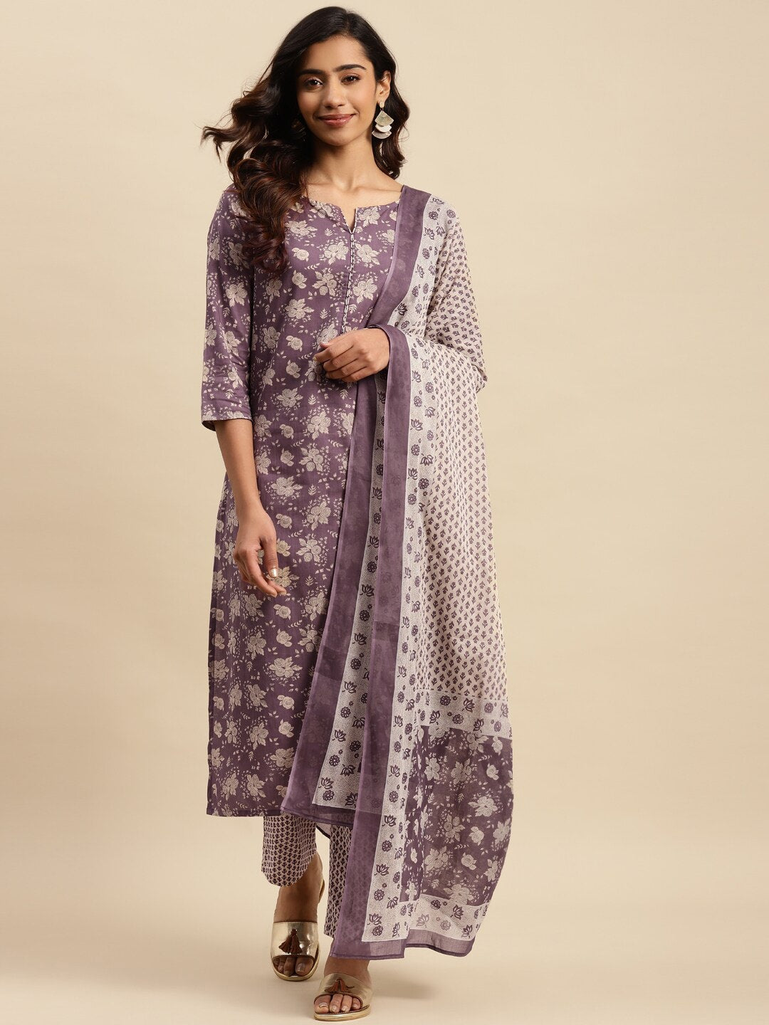 Sangria Maroon Floral Printed Pure Cotton Kurta With Trouser & Dupatta