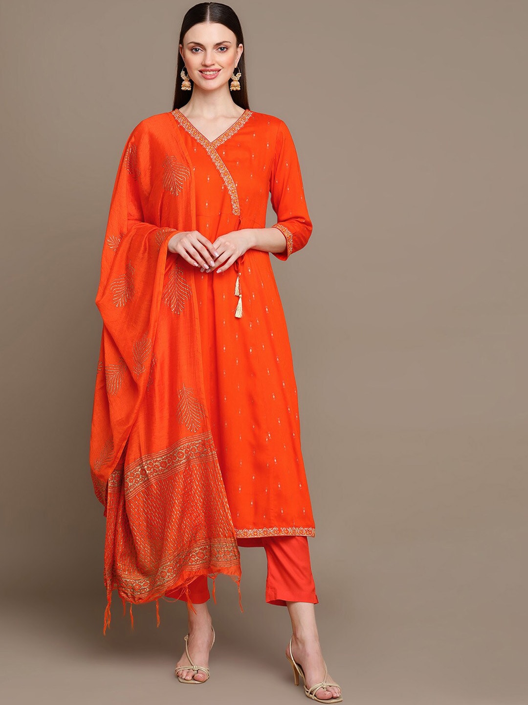 HERE&NOW Ethnic Motifs Printed Thread Work Angrakha Kurta with Palazzos & Dupatta