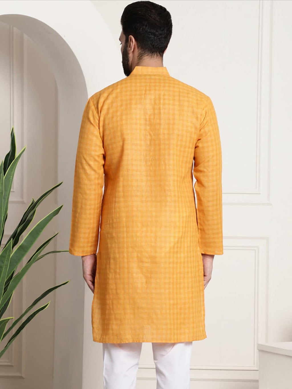 Sojanya Men Mustard Yellow Dobby Self-Checked Straight Kurta