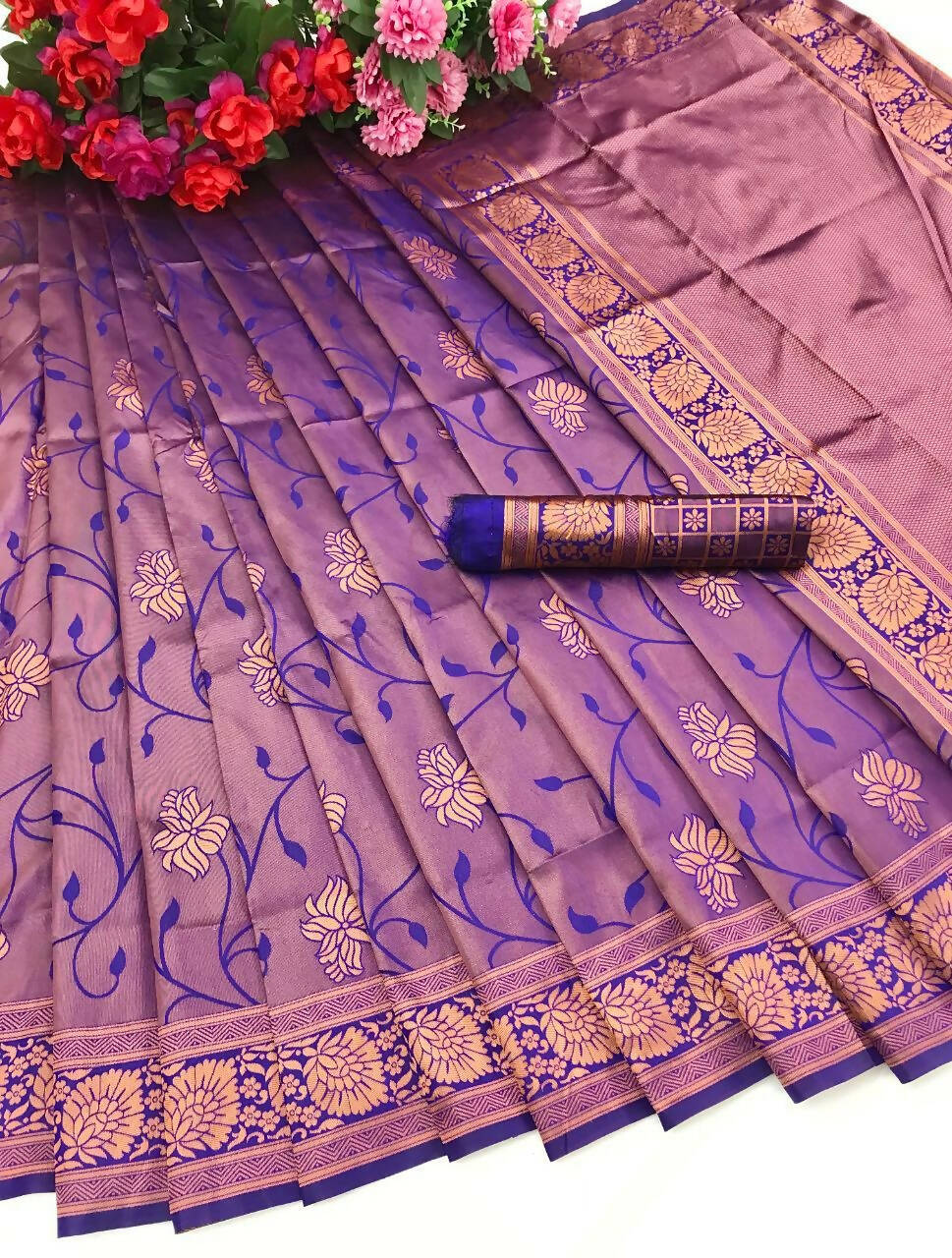 DEIANA'S Beautiful Designer Golden zari Soft Lichi Silk Saree - Purple