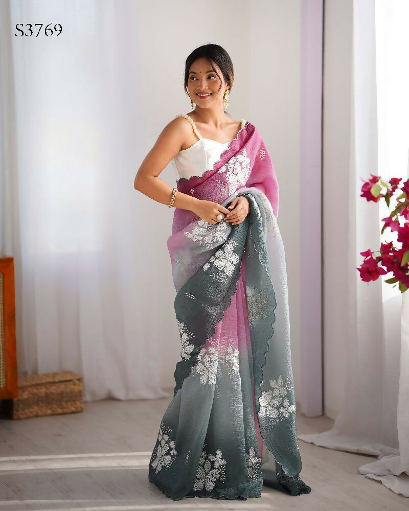Wine and Green Crunchy Crush Pedding Color Embroidery Work Party Wear Saree - Zuleika