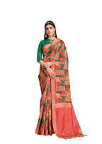 Orange Tusser Silk Floral, Geometric Printed With Embroidered Work Saree With Unstitched Blouse - Mohmanthan Aahana