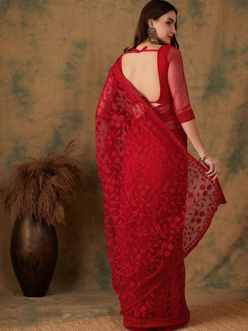 Sangria Embroidered Net Sarees - Distacart
