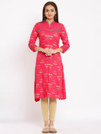 HERE&NOW Coral Mandarin Collar Ethnic Motifs Printed A-Line Kurta