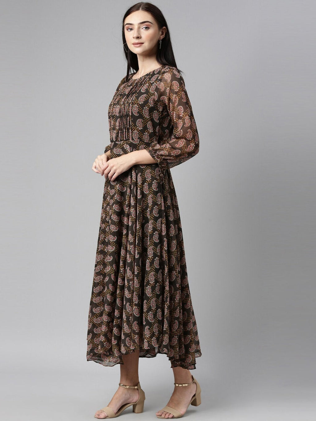 Souchii Olive Green & Red Ethnic Motifs Printed Chiffon A-Line Maxi Dress - Distacart