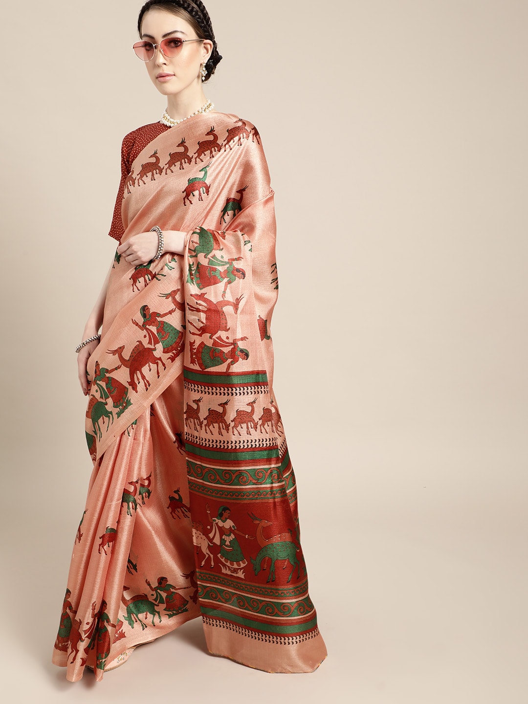 Saree Mall Saree Mall Trendy Peach and Maroon Art Silk Saree