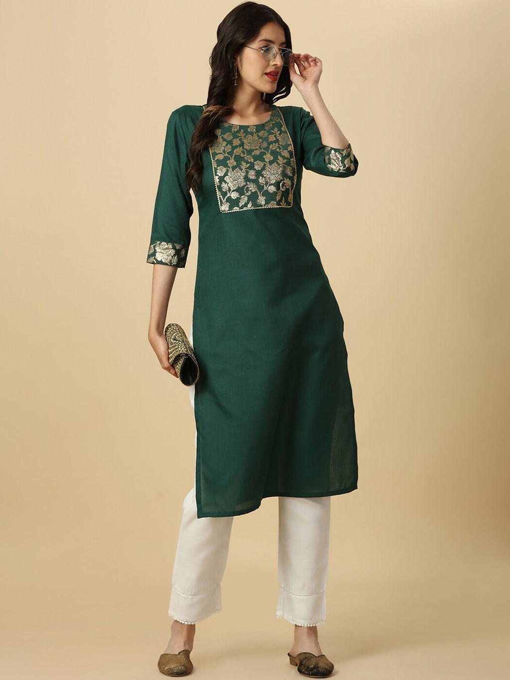 HERE&NOW Green Floral Yoke Design Gotta Patti Kurta