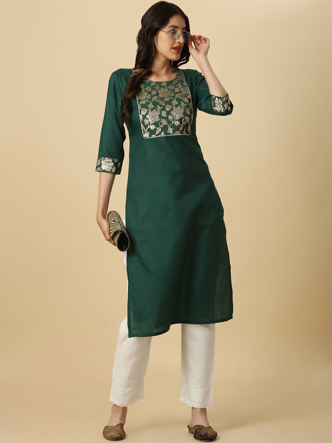 HERE&NOW Green Floral Yoke Design Gotta Patti Kurta