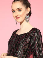 Saree Mall Burgundy Striped Poly Georgette Party Wear Saree with Matching Blouse - Distacart