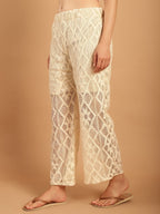 TAG 7 Women Geometric Self Design Sheer With Half Lining Crochet Wide Leg Palazzos