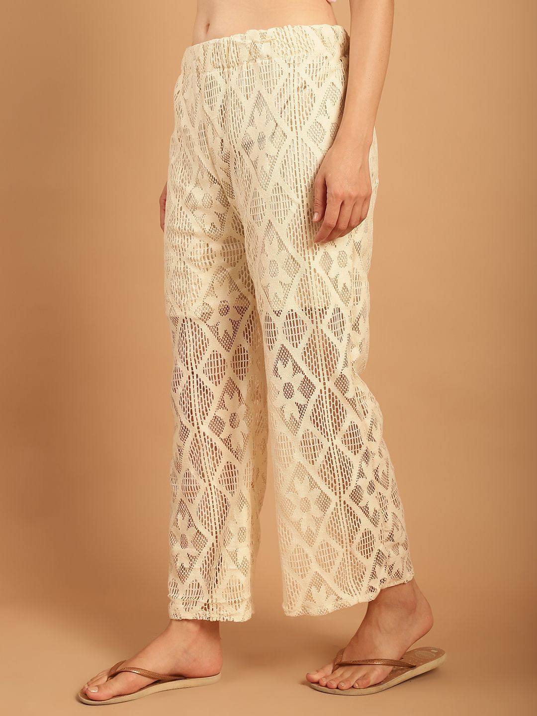 TAG 7 Women Geometric Self Design Sheer With Half Lining Crochet Wide Leg Palazzos