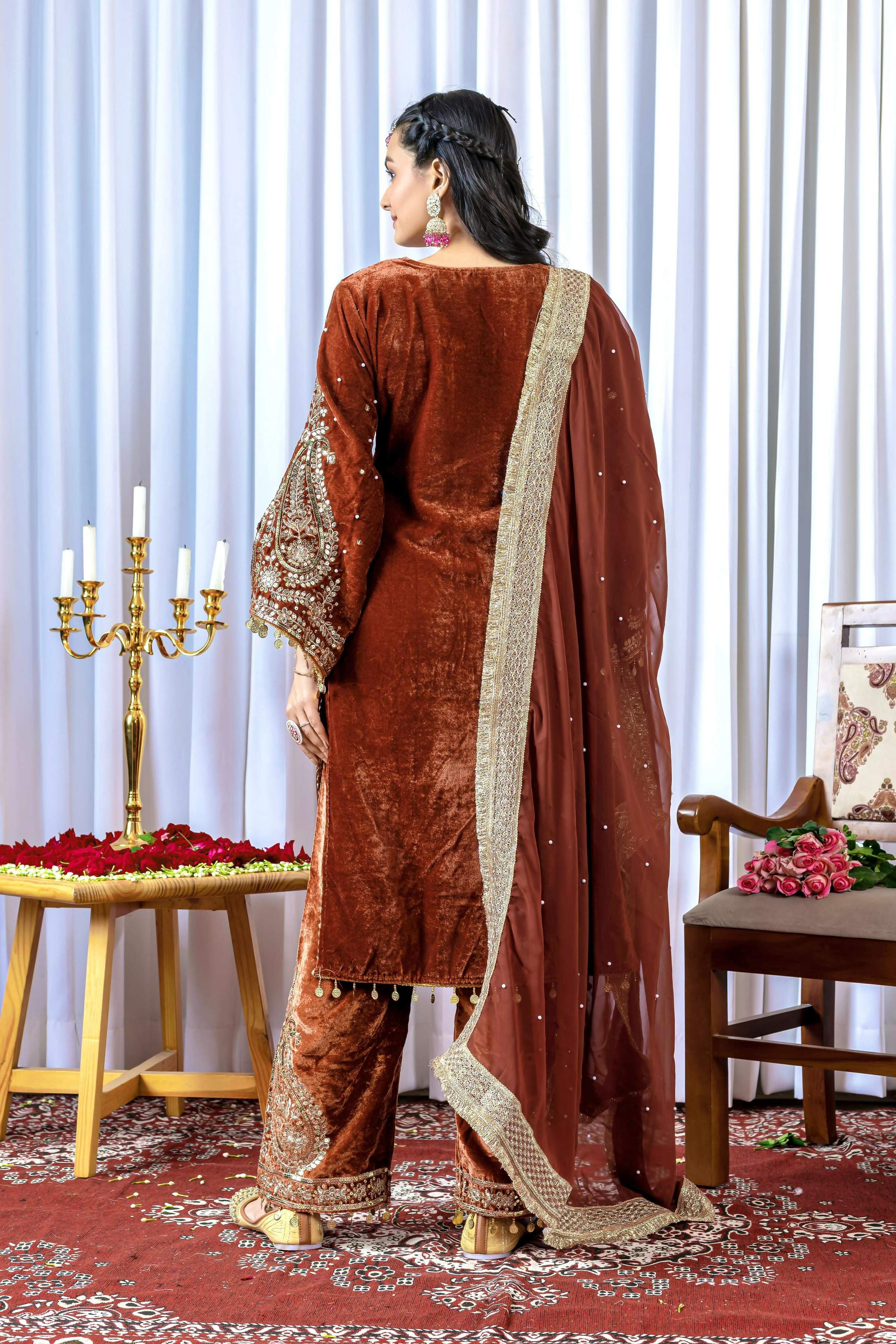 Joban Fashion Rust Brown Velvet Embroidery Kurta Set - Distacart