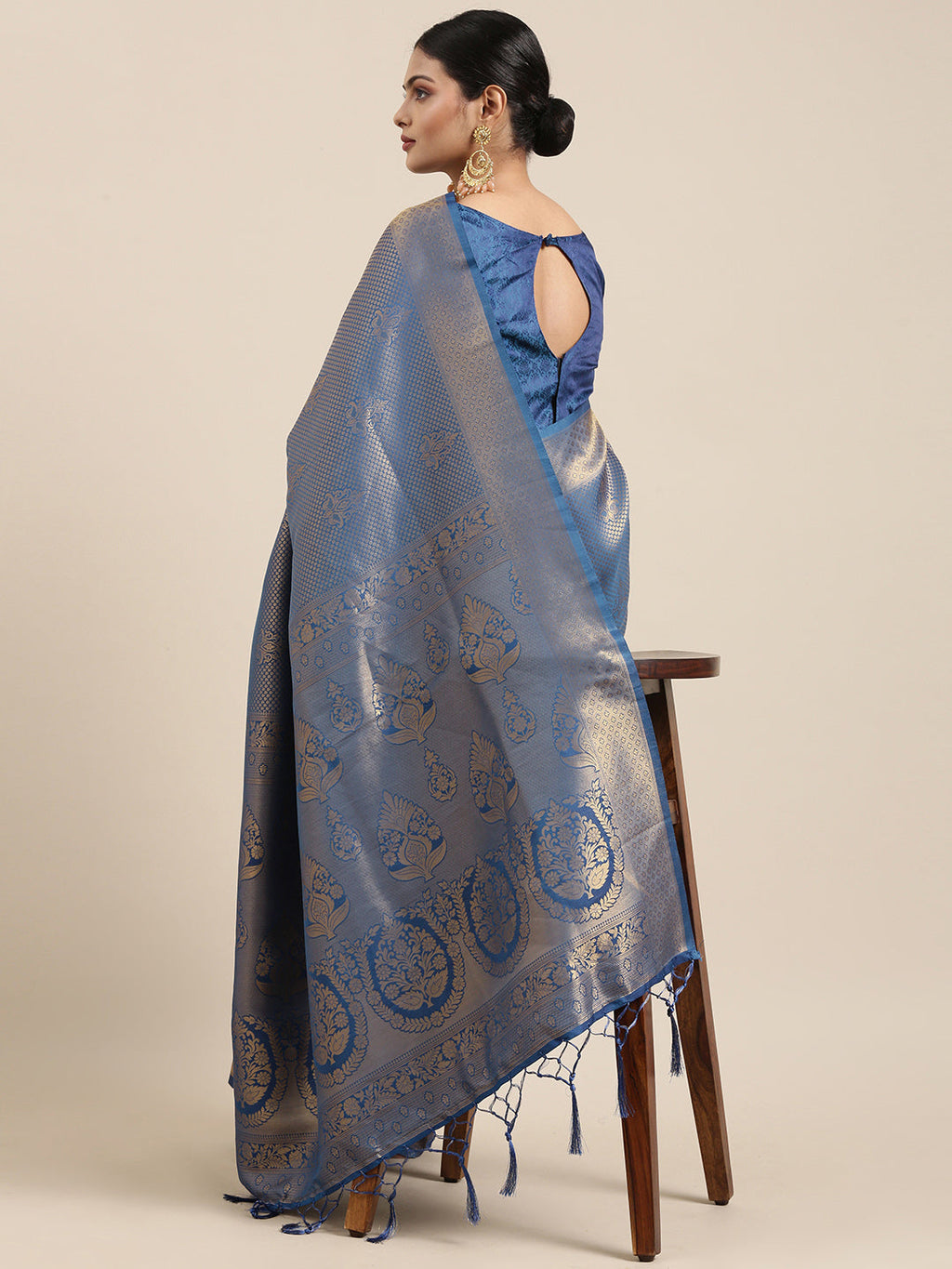 Saree Mall Navy Blue Ethnic Motifs Zari Silk Blend Banarasi Saree - Distacart