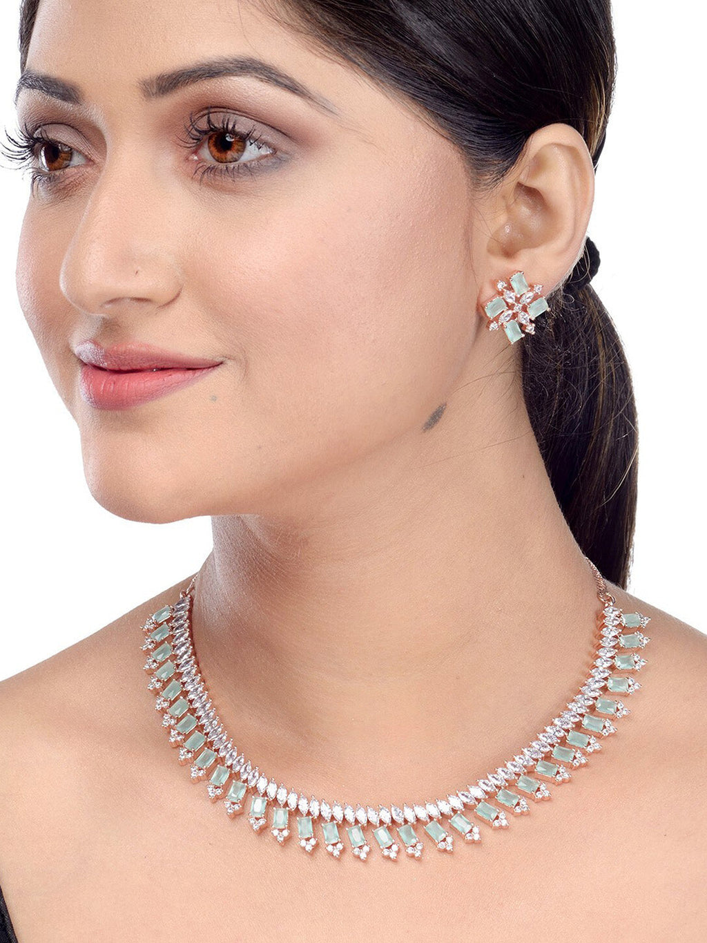Saraf RS Jewellery Sea Green & Rose Gold-Plated American Diamond Studded Jewellery Set - Distacart
