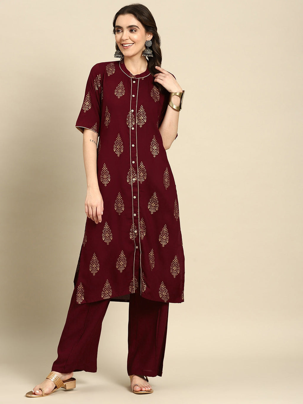 Sangria Ethnic Motifs Printed Pure Cotton Kurta With Palazzos