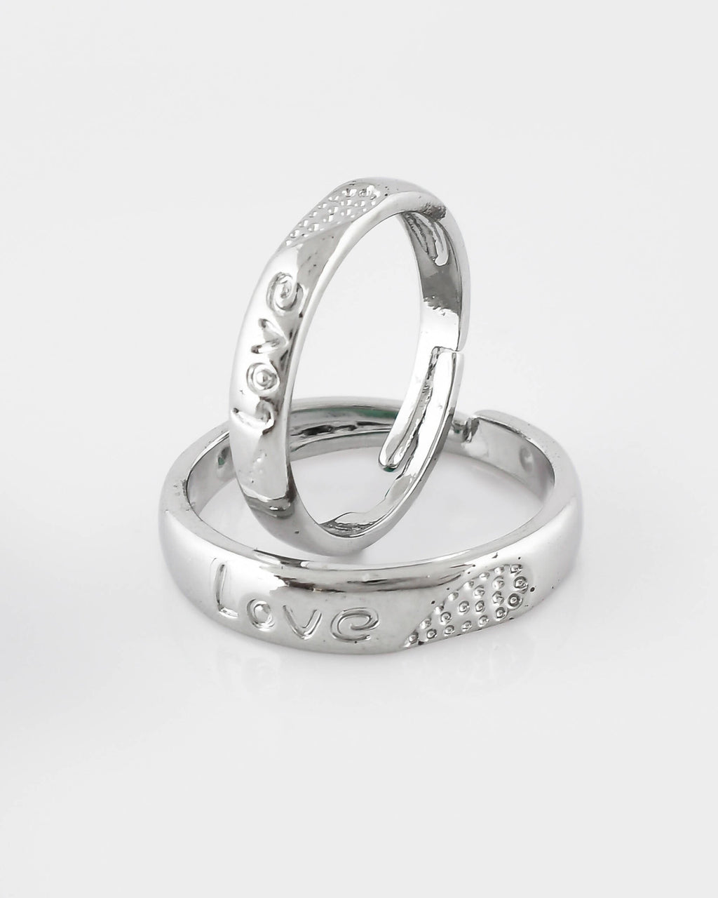 VOJ Stainless Steel Cubic Zirconia Silver Plated Adjustable Ring Set for Couple