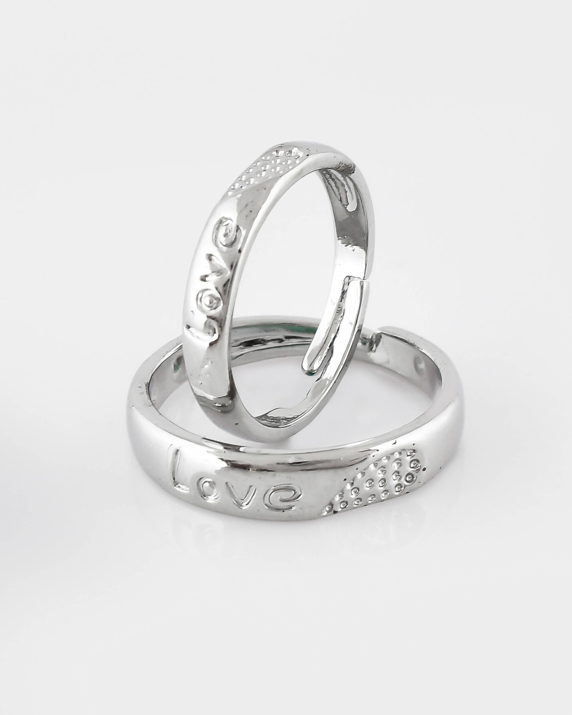VOJ Stainless Steel Cubic Zirconia Silver Plated Adjustable Ring Set for Couple