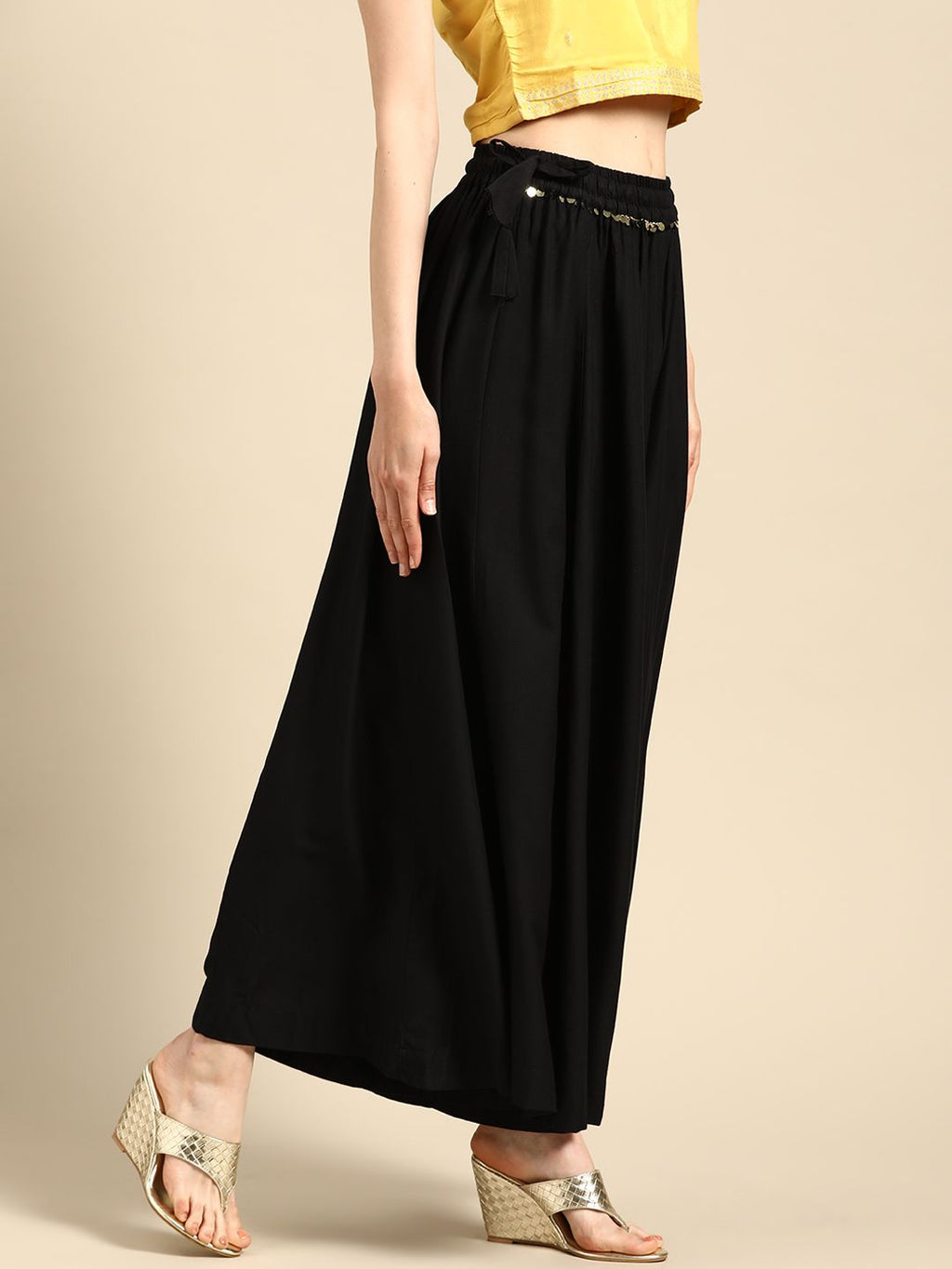 TAG 7 Women Black Solid Flared Palazzos