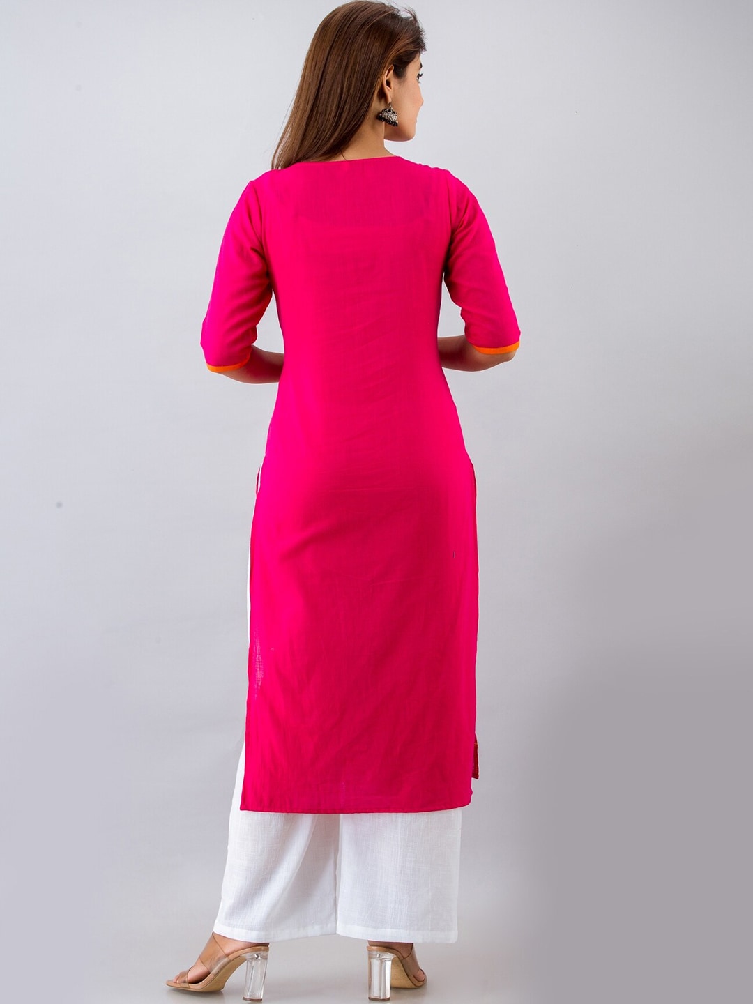 HERE&NOW Pink & White Geometric Embroidered Mirror Work Kurta with Palazzos