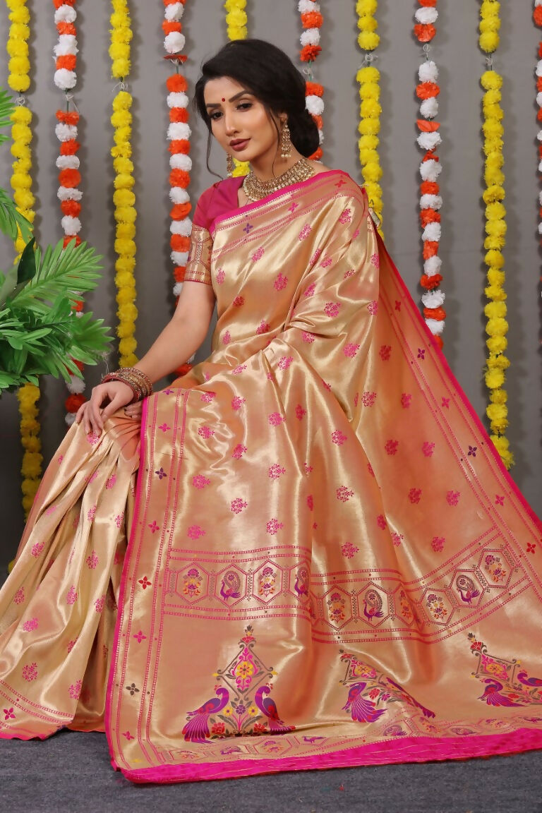 Jyoti Fashion Women's Rani Pink Paithani Silk Zari Woven Saree with Blouse