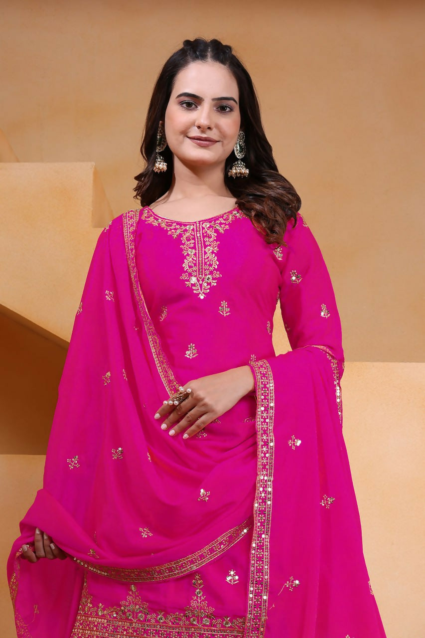 Joban Fashion Pink Silk Embroidered Sharara Set - Distacart