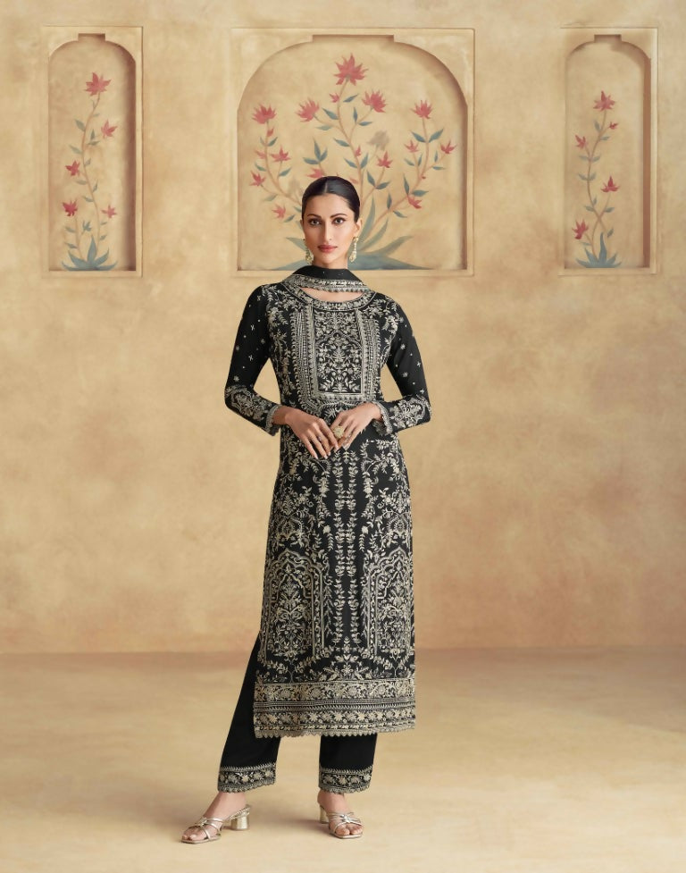 Vastranavya Black Chinon Silk Embroidered Sequins Pakistani Straight Pant Suit