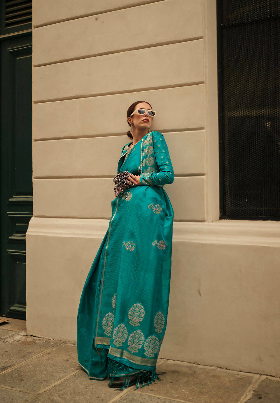 Pacific Blue Weavead Thread & Zari Work, Handloom Weaving Banarasi Satin Silk Saree - Rajtex Kronicle Silk