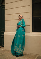 Pacific Blue Weavead Thread & Zari Work, Handloom Weaving Banarasi Satin Silk Saree - Rajtex Kronicle Silk