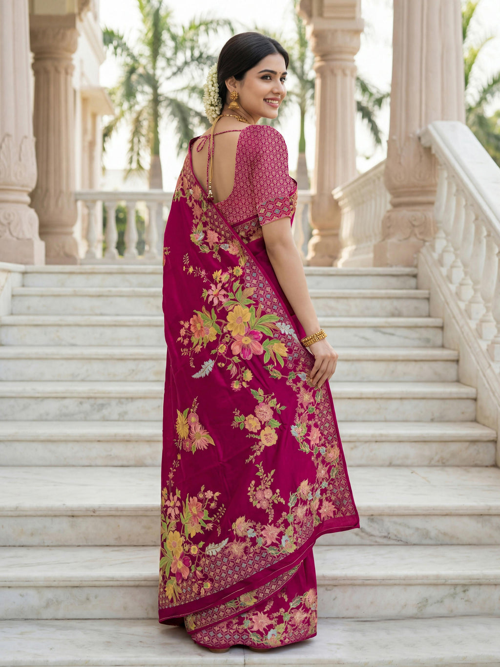 Aastha Fashion Rani Pink Premium Russian Silk Designer Floral Position Print Saree - Distacart