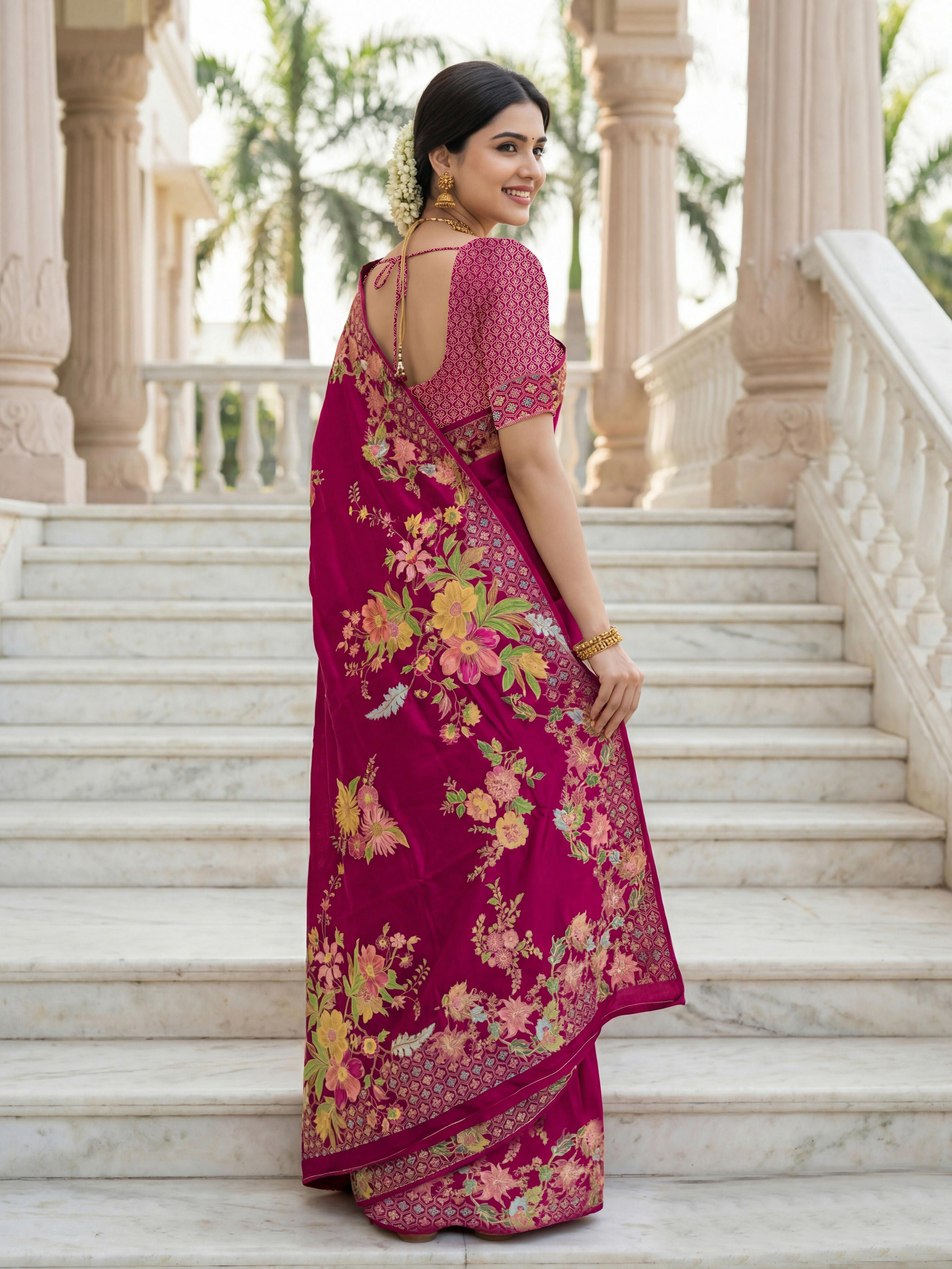 Aastha Fashion Rani Pink Premium Russian Silk Designer Floral Position Print Saree - Distacart