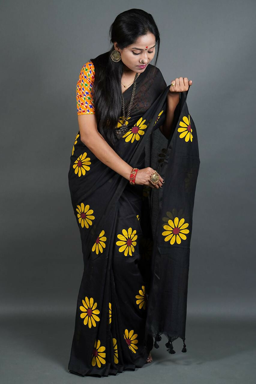 Exclusive Collection Black Pure Cotton Saree With Sunflower Design - Distacart