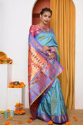 Very Much Indian Authentic Dual Tone Powder Blue Paithani - Distacart